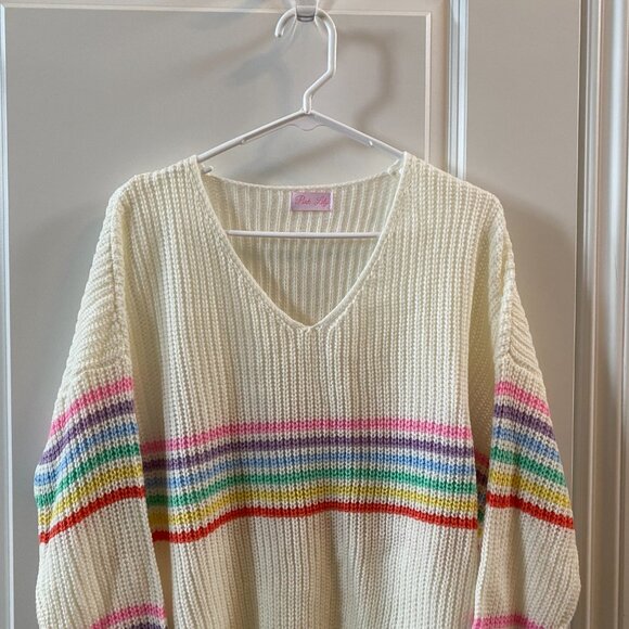 Pink Lily White Sweater w Pastel Rainbow Stripes Size M/L - Picture 4 of 9